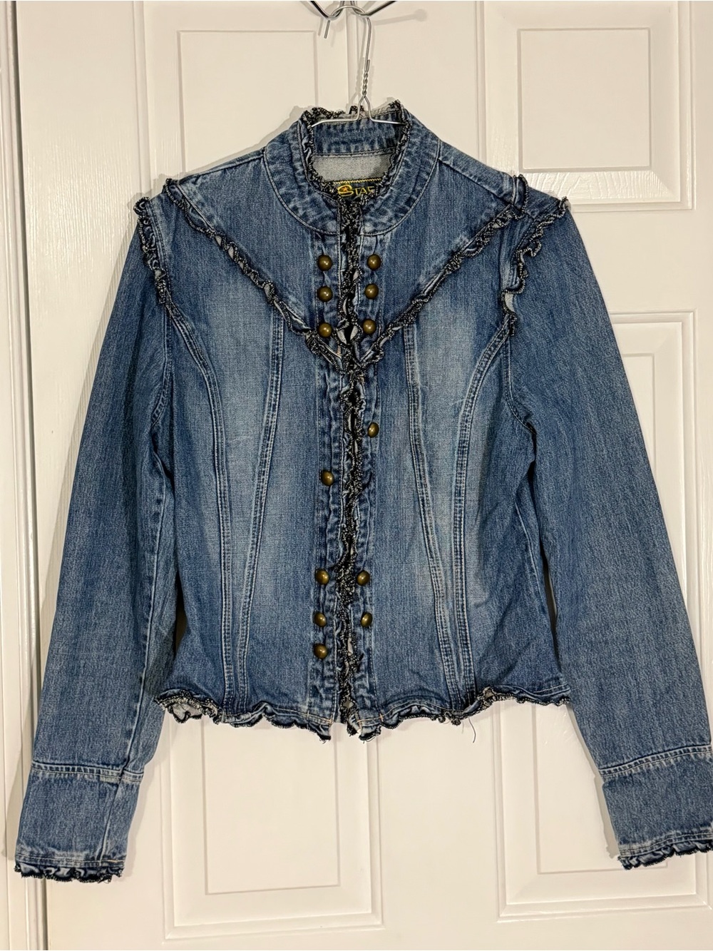 Y2K Western Star Jeans Denim Ruffle-Trim Jacket - Blue